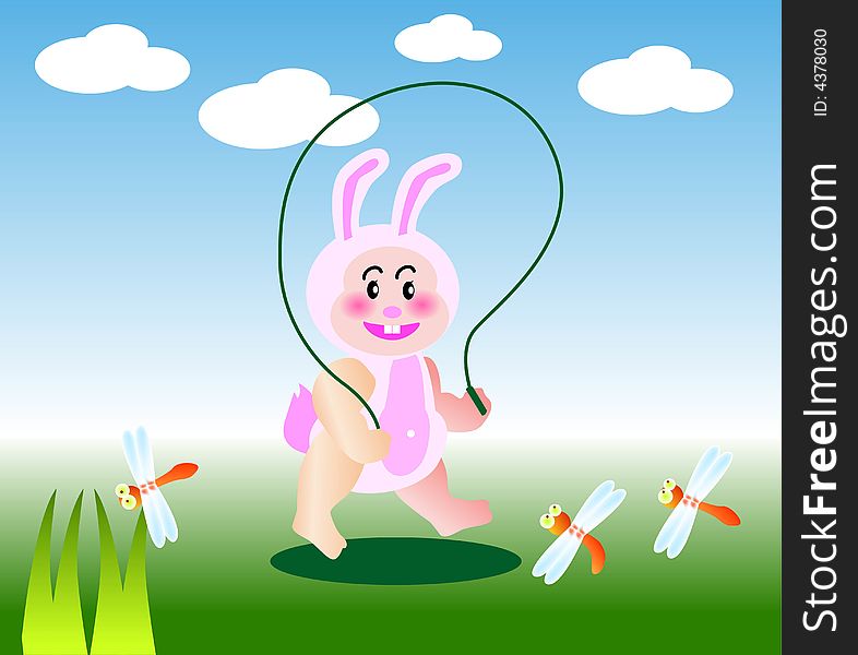 Vector illustration for a baby rabbit playing rope skipping
