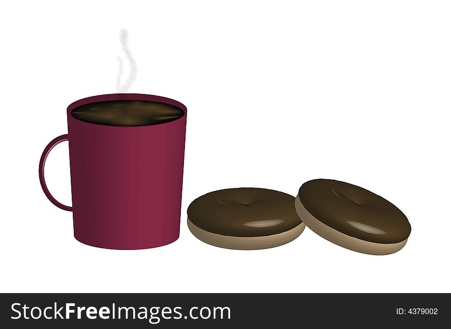 Illustration of coffee and two donuts on white background. Illustration of coffee and two donuts on white background