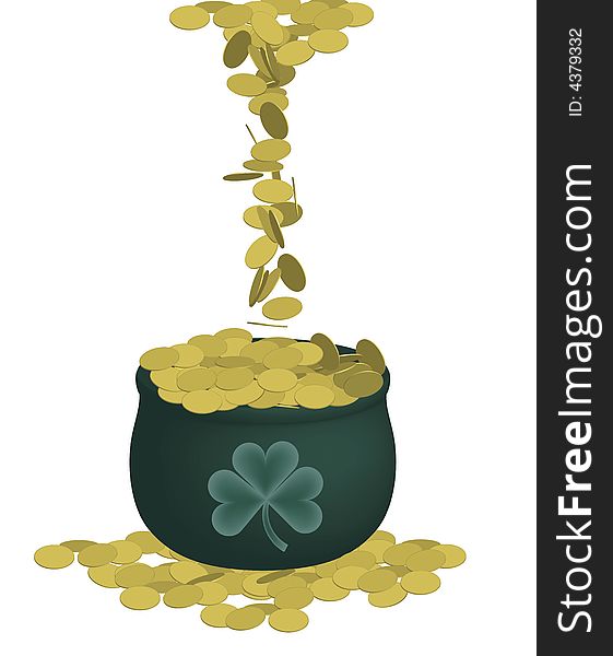 Illustration of green pot of gold coins on white background