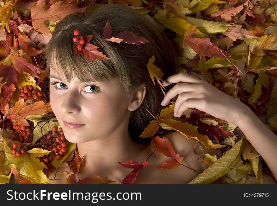 Portrait of a beautiful young girl in autumn leaves. Portrait of a beautiful young girl in autumn leaves