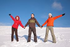 Three Friends Stand On Snow Stock Photos Three Friends Stand On Snow Stock Photos