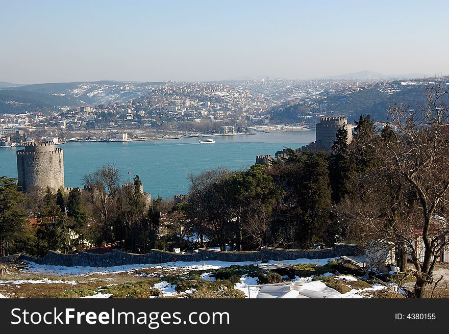 Rumeli fortress on the European coast of Bosporus in Istanbul, Turkey looking towards the Asian side.