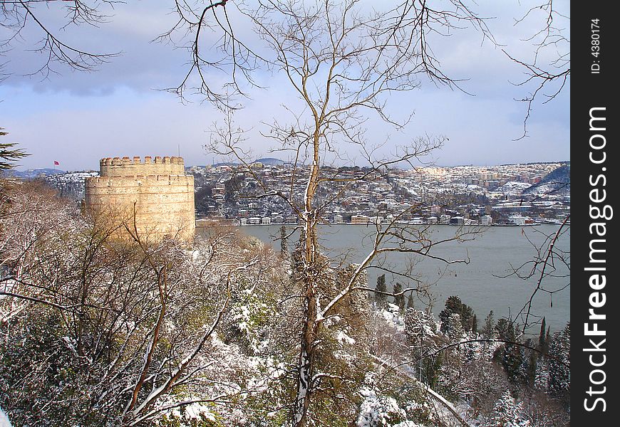 Rumeli fortress on the European coast of Bosporus in Istanbul, Turkey looking towards the Asian side.