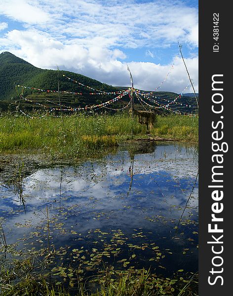 It's a early autumn day. There are a set of Buddha banners in Lugu lake marsh