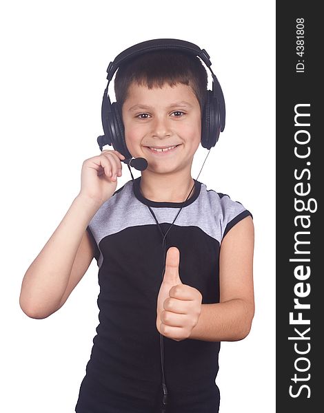 Young boy and headset  isolated on white