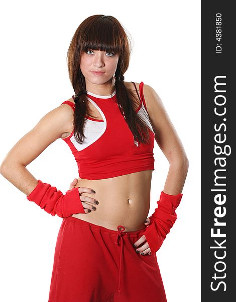 The girl in red clothes dances sports dance. The girl in red clothes dances sports dance