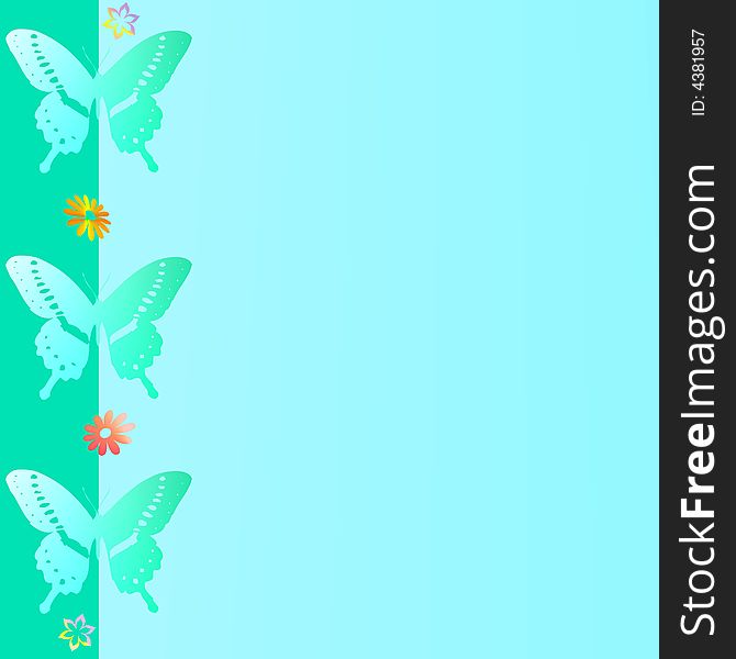 Ornamental butterflies and flowers on a blue and green background. Ornamental butterflies and flowers on a blue and green background.