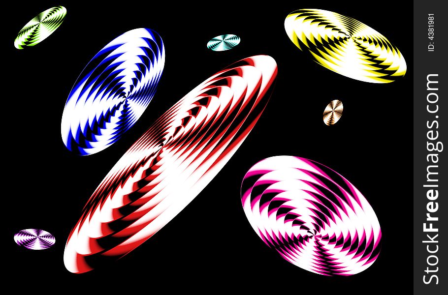 Disks of Various Colors Float against a Black Background. Disks of Various Colors Float against a Black Background.