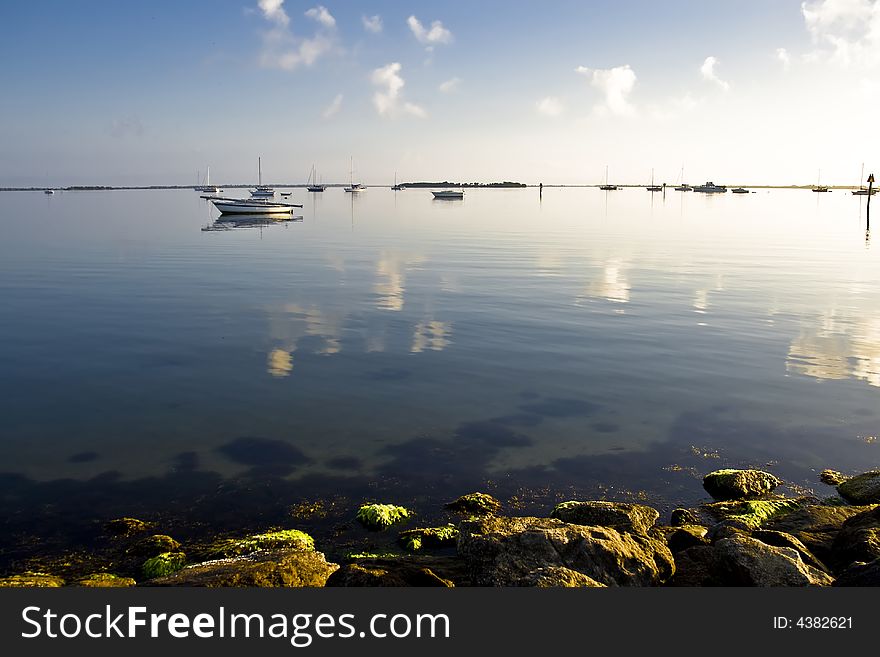 Boats on the Indian River in a light fog