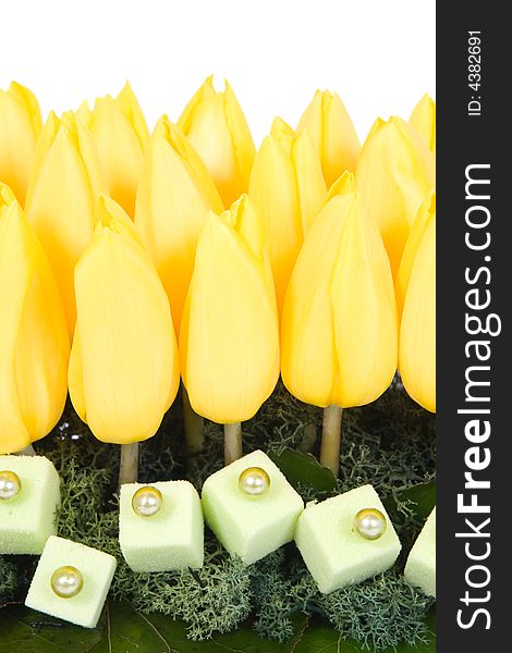 Yellow tulips and decoration with pearls. Yellow tulips and decoration with pearls