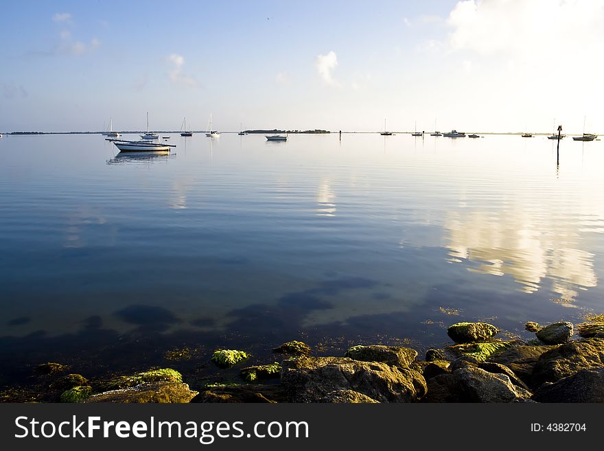 Boats on the Indian River in a light fog