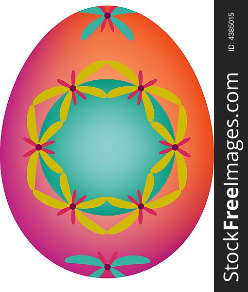 Illustration of an easter egg, turquoise orange and pink background with yellow red decorative pattern