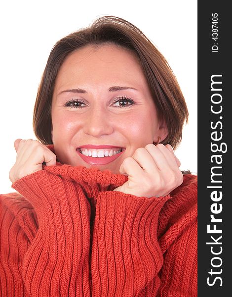 Portrait of girl in red sweater on white 2. Portrait of girl in red sweater on white 2