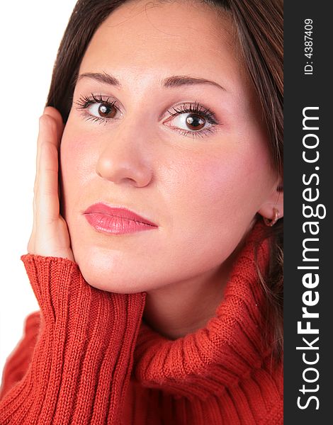 Portrait of girl in red sweater on white