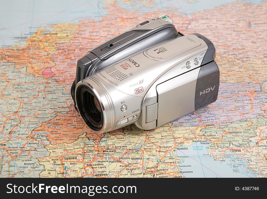 Video camcorder on map of europe