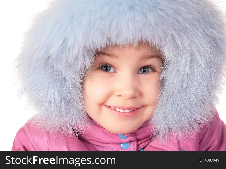 Portrait of little girl in furry hat on white 2. Portrait of little girl in furry hat on white 2