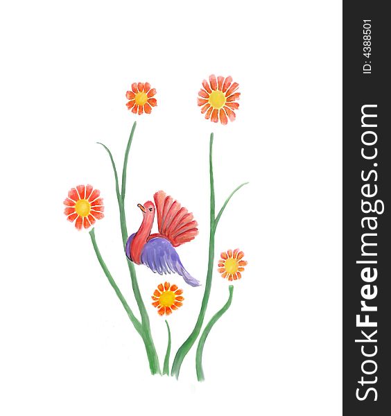 Hand drawn colorful bird in a cluster of wildflowers. Hand drawn colorful bird in a cluster of wildflowers