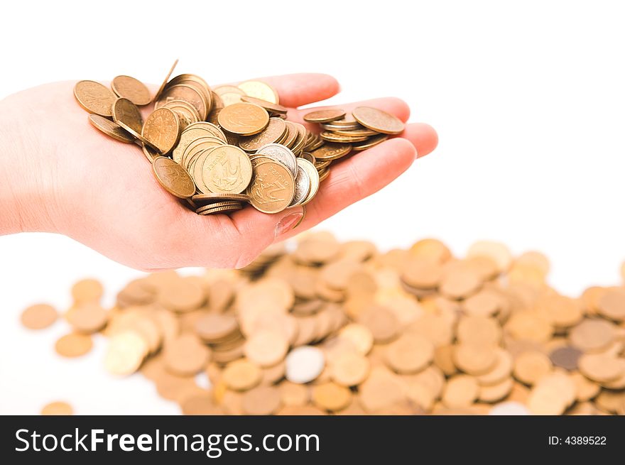 Coins in woman's hands (white background)