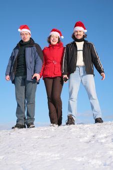 Three Friends Stand On Snow Stock Photos Three Friends Stand On Snow Stock Photos
