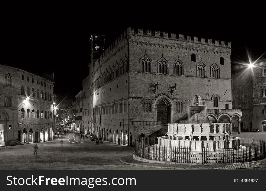 Night shot of fontana maggiore and palazzo dei priori, perugia, italy. Night shot of fontana maggiore and palazzo dei priori, perugia, italy