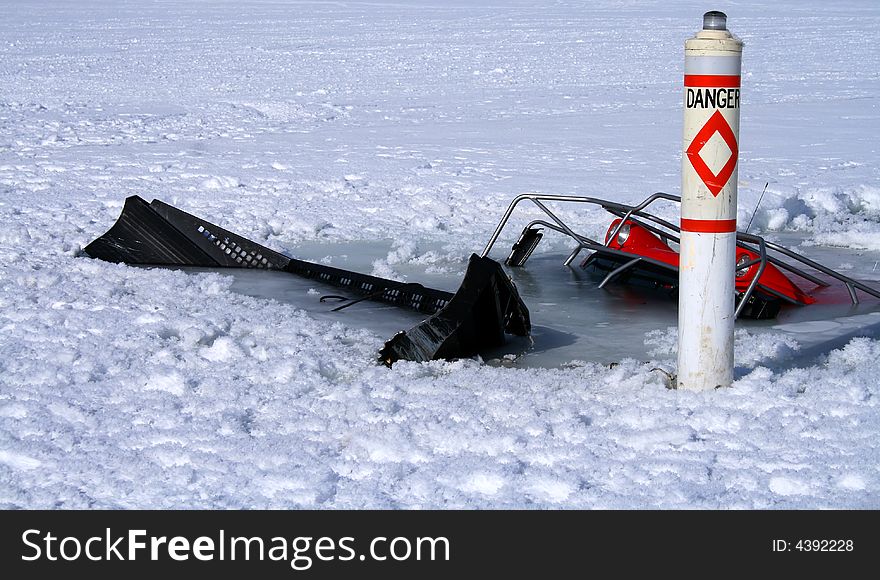 Snowmobile trail groomer breaks through ice in Idaho lake. Snowmobile trail groomer breaks through ice in Idaho lake