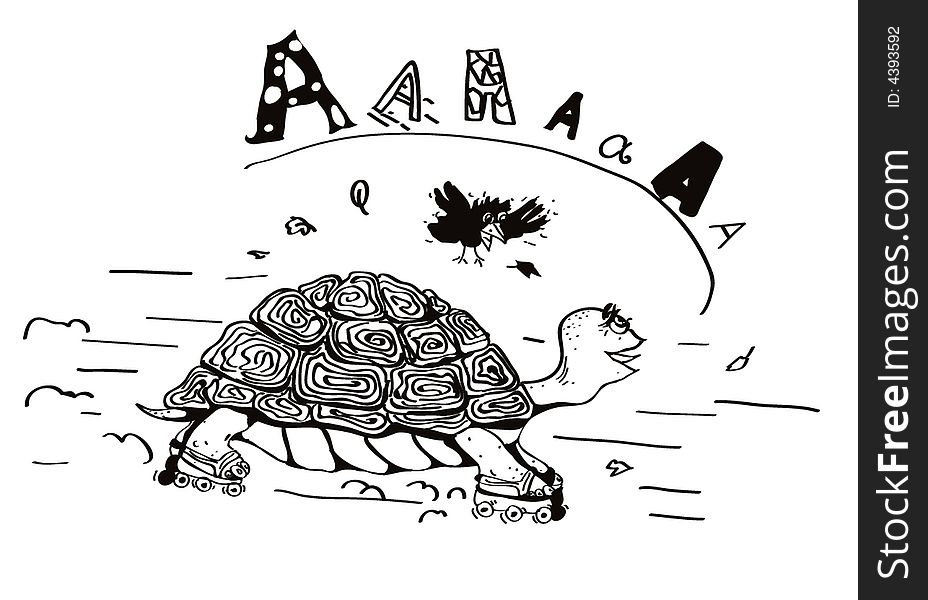 Black and white  illustration. The turtle goes for a drive on rollers. Black and white  illustration. The turtle goes for a drive on rollers