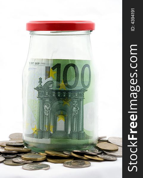 Spare, euro bills in jar. Spare, euro bills in jar