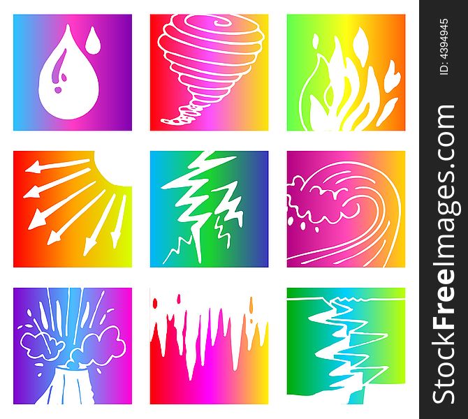 White hand-drawn icons with rainbow background. White hand-drawn icons with rainbow background