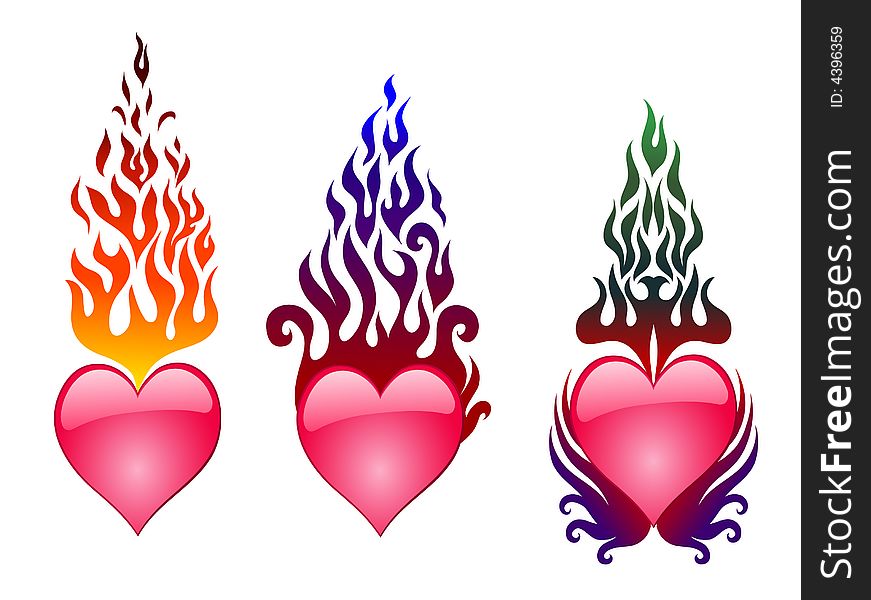 Three hearts is burning red, blue, green flame. Three hearts is burning red, blue, green flame