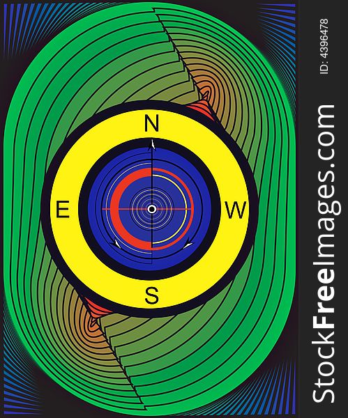 Great creative abstract colored bright yellow green portrayal of a compass with an arrow pointer on the blue background.