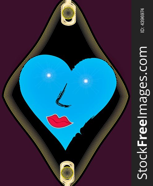 Great creative abstract colored bright blue edged portrayal of female hearts with features of a person in a frame on a background of dark cherry. Great creative abstract colored bright blue edged portrayal of female hearts with features of a person in a frame on a background of dark cherry.