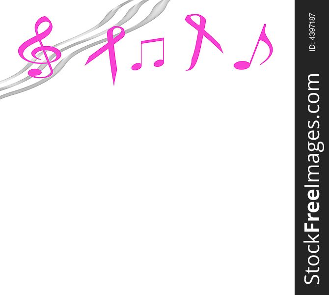Pink ribbons and music notes on  background. Pink ribbons and music notes on  background