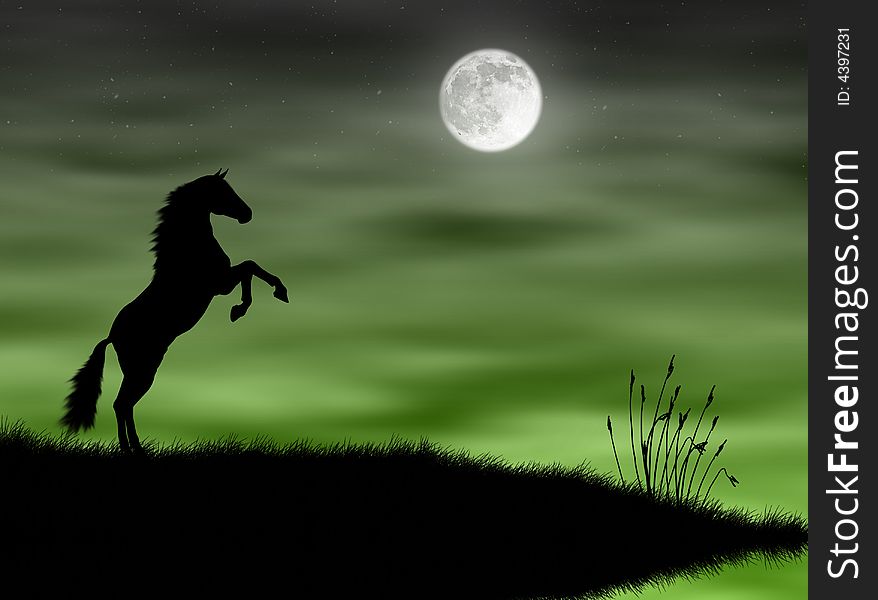 Wild horse silhouette in the moonlight landscape. Wild horse silhouette in the moonlight landscape