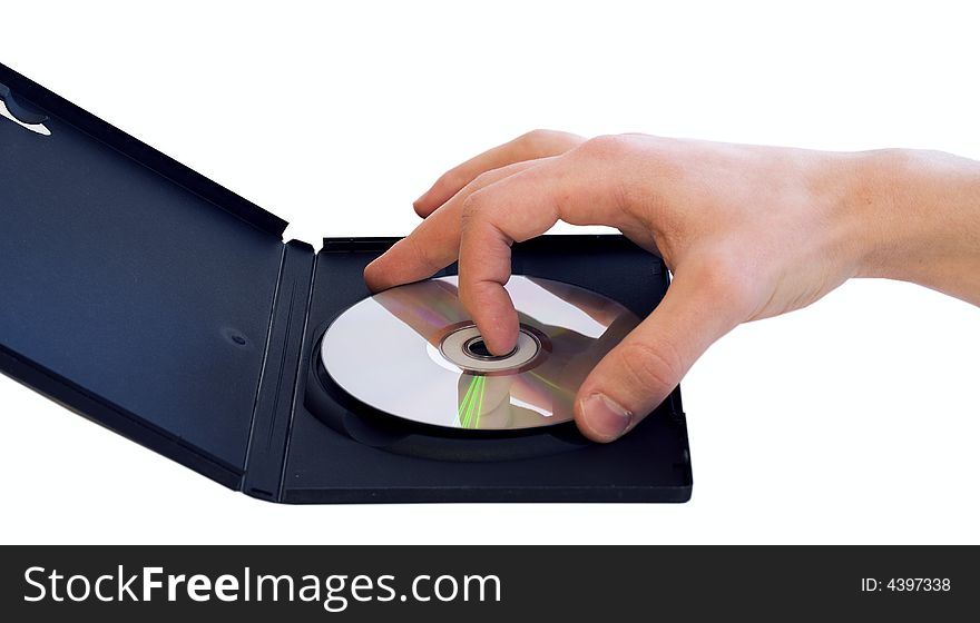 Male hand taking DVD disc from box isolated on white background. Male hand taking DVD disc from box isolated on white background