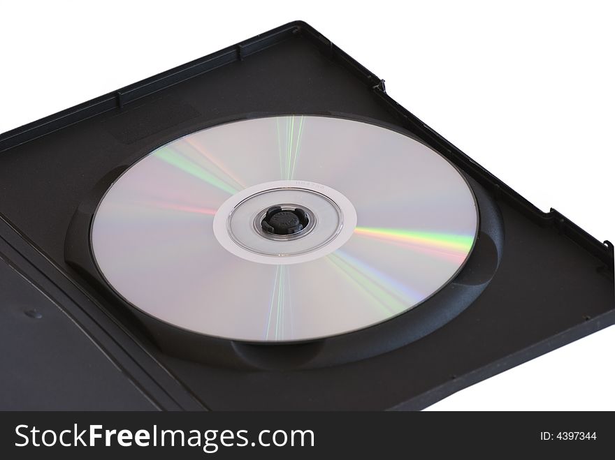 Open DVD case with disc standing vertically over white background isolated. Open DVD case with disc standing vertically over white background isolated