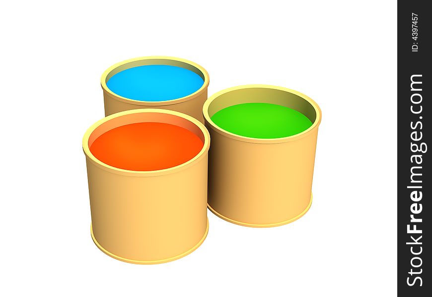 Three 3d buckets with green, dark-blue and red paints