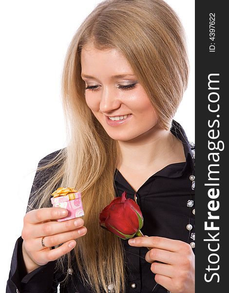 Pretty Girl Hold Red Rose And Gift