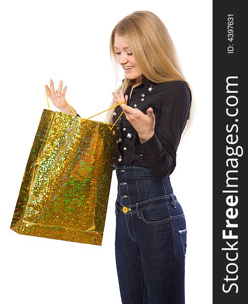 Young girl open shopping bag