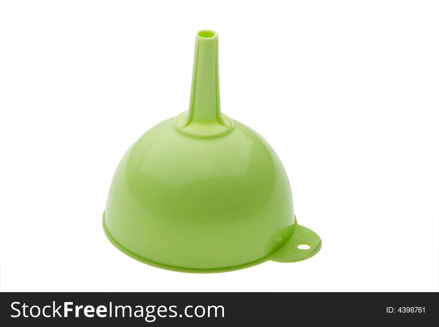 Green plastic kitchen funnel isolated on white. Green plastic kitchen funnel isolated on white