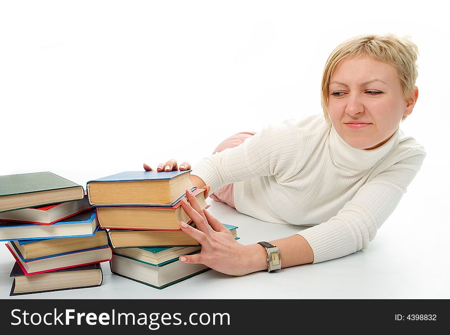 Student woman with book on white