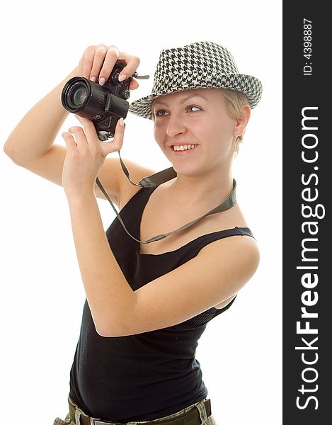 Woman with photo camera on white