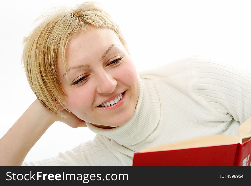 Student woman with book on white