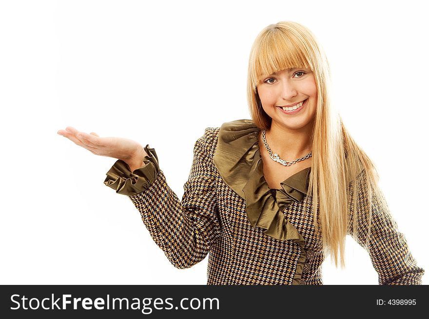 Woman with hand palm up on white background