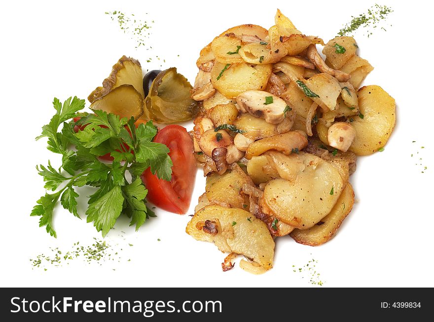 Fried potato slices, isolated on white, selective focus. Fried potato slices, isolated on white, selective focus
