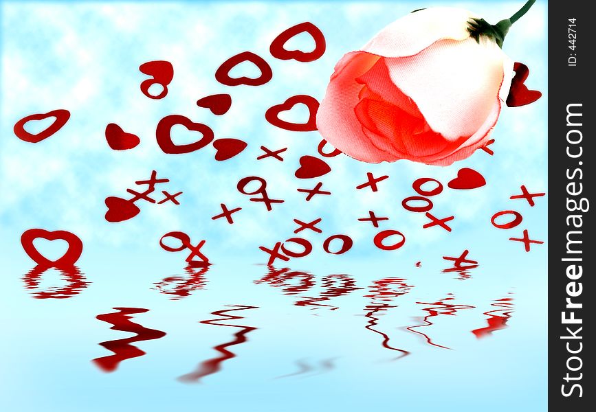 Hearts melting with reflections against sky background and a rose. Hearts melting with reflections against sky background and a rose