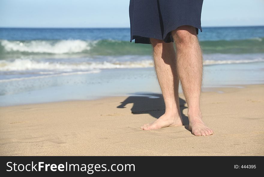 Man's legs as he walks on the beach. Man's legs as he walks on the beach