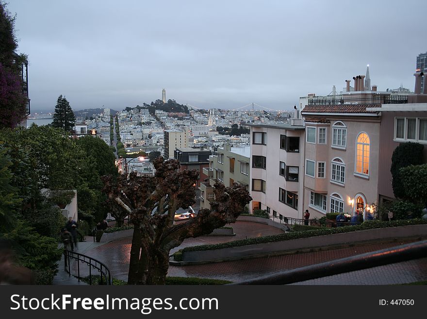 Lombard Street at twilight in San Francisco