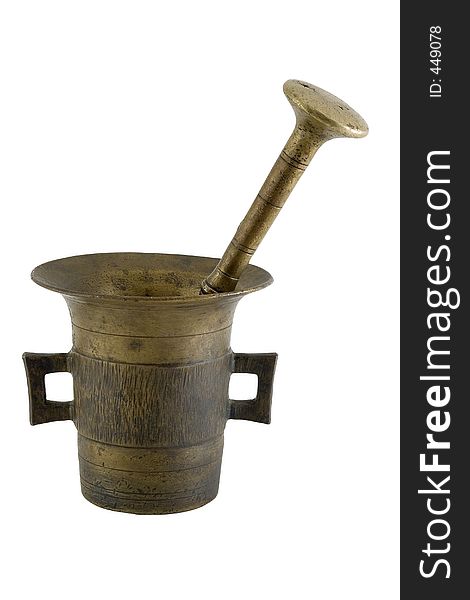 Old mortar and pestle isolated over white with clipping path