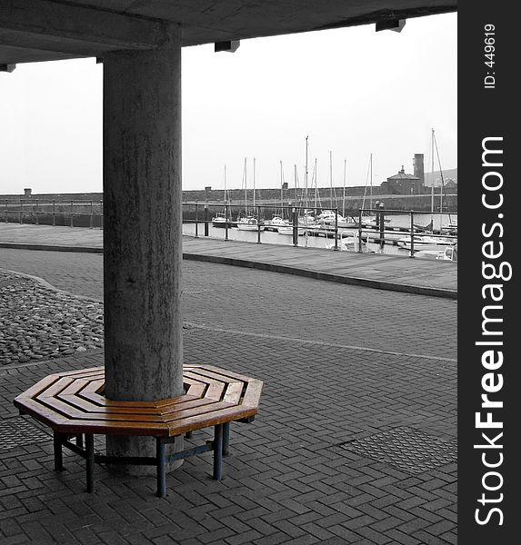 A circular bench at Whitehaven harbour, Cumbria, UK