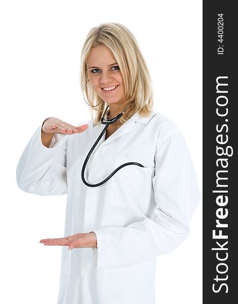 Young doctor with stethoscope on isolated background